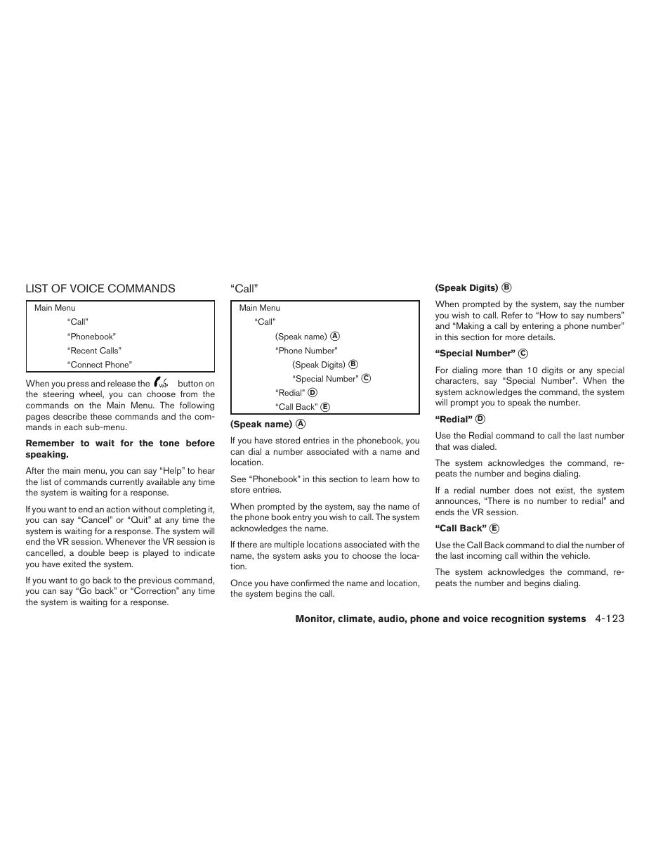 List of voice commands -123 | NISSAN 2012 Maxima User Manual | Page 282 / 452