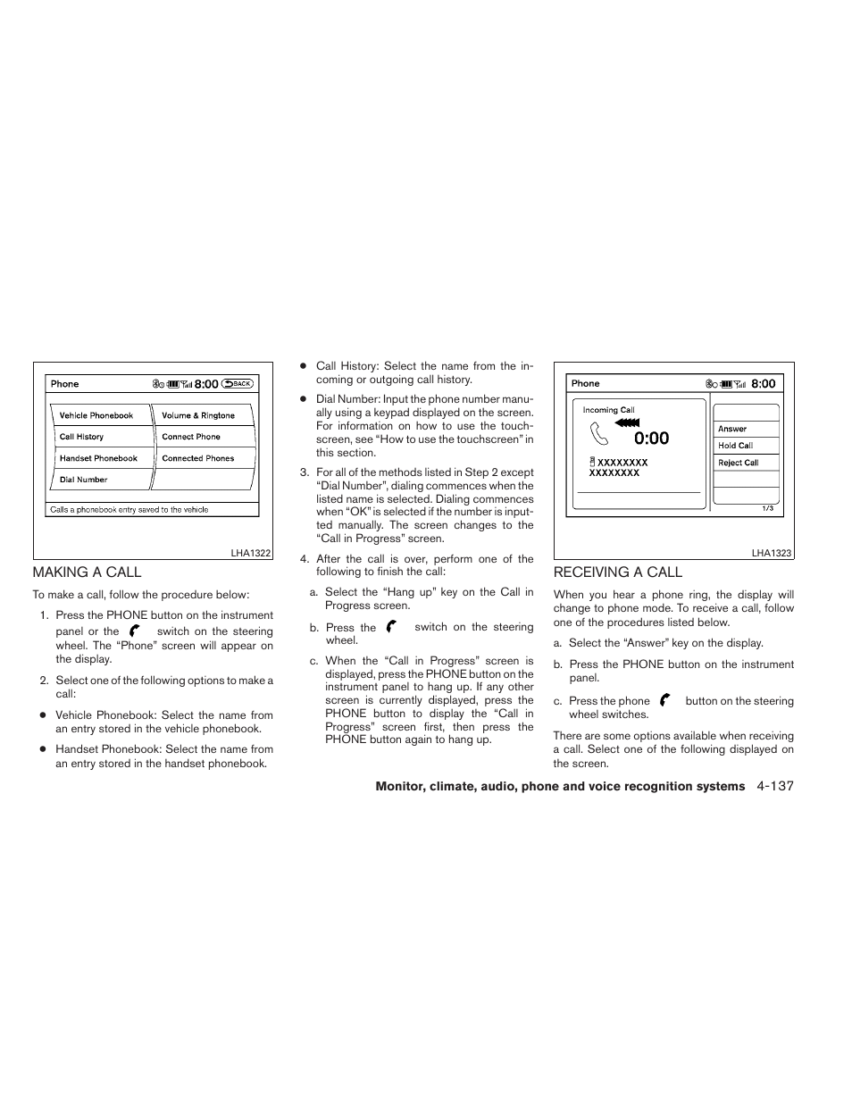 Making a call -137 receiving a call -137 | NISSAN 2012 Maxima User Manual | Page 296 / 452