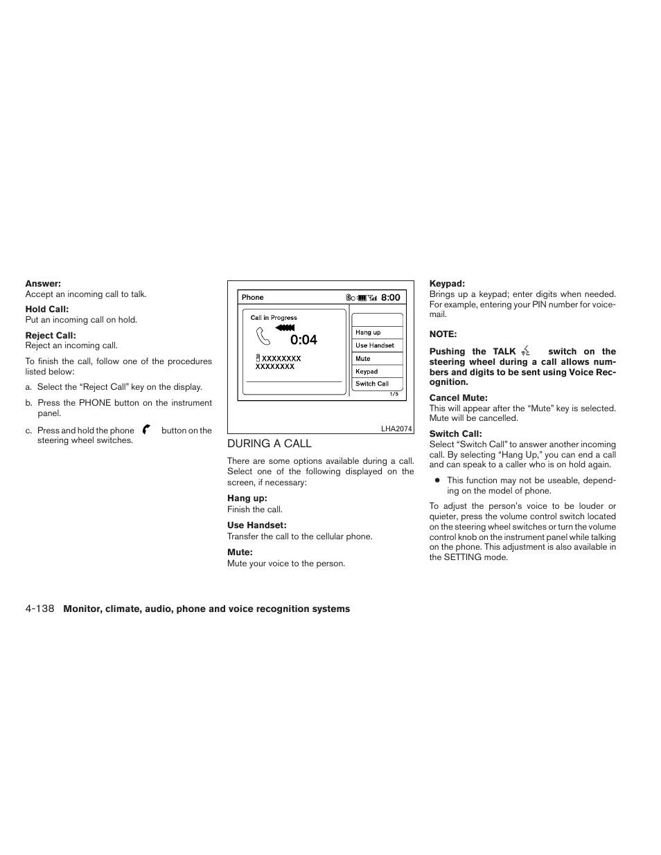 During a call -138 | NISSAN 2012 Maxima User Manual | Page 297 / 452