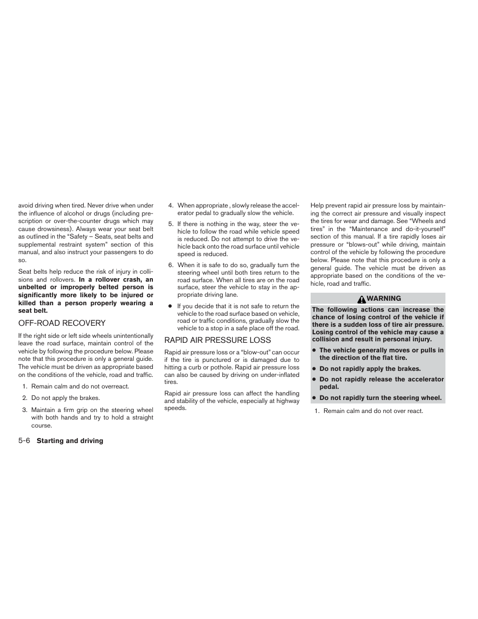 Off-road recovery -6 rapid air pressure loss -6 | NISSAN 2012 Maxima User Manual | Page 329 / 452