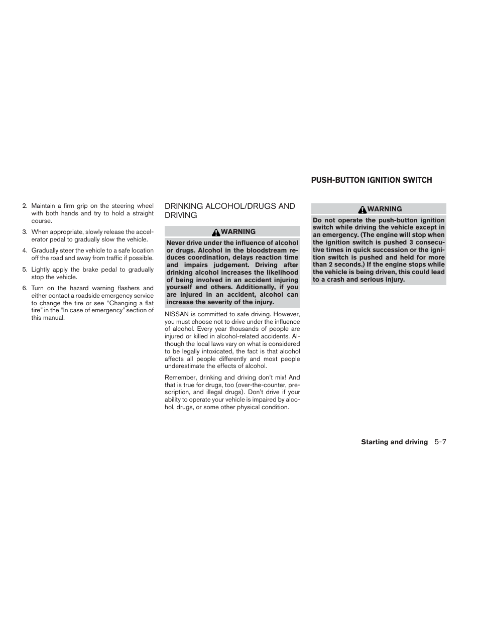 Drinking alcohol/drugs and driving -7, Push-button ignition switch -7 | NISSAN 2012 Maxima User Manual | Page 330 / 452