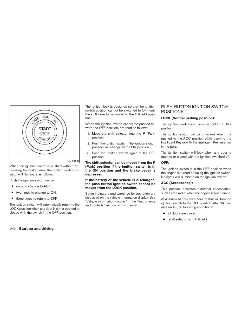 Push-button ignition switch positions -8 | NISSAN 2012 Maxima User Manual | Page 331 / 452