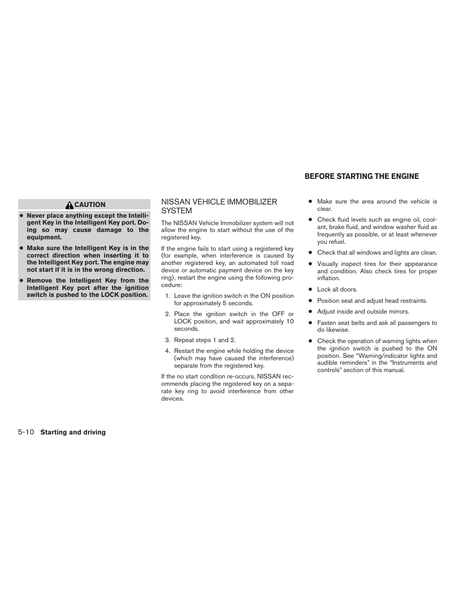 Nissan vehicle immobilizer system -10, Before starting the engine -10 | NISSAN 2012 Maxima User Manual | Page 333 / 452