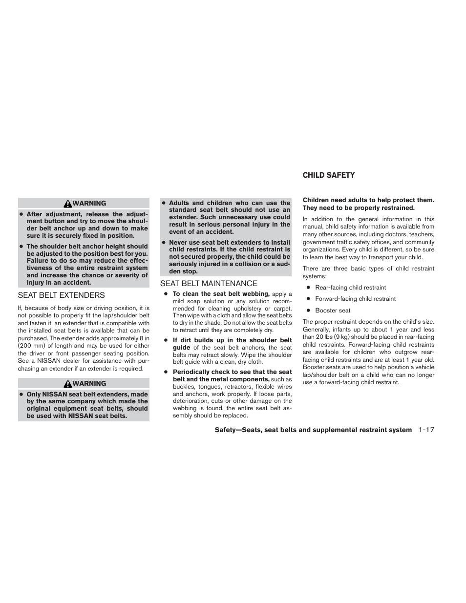 Seat belt extenders -17 seat belt maintenance -17, Child safety -17 | NISSAN 2012 Maxima User Manual | Page 34 / 452