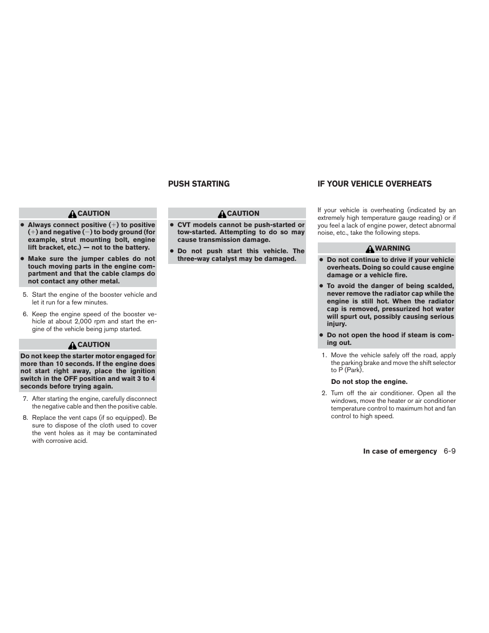 Push starting -9 if your vehicle overheats -9 | NISSAN 2012 Maxima User Manual | Page 360 / 452