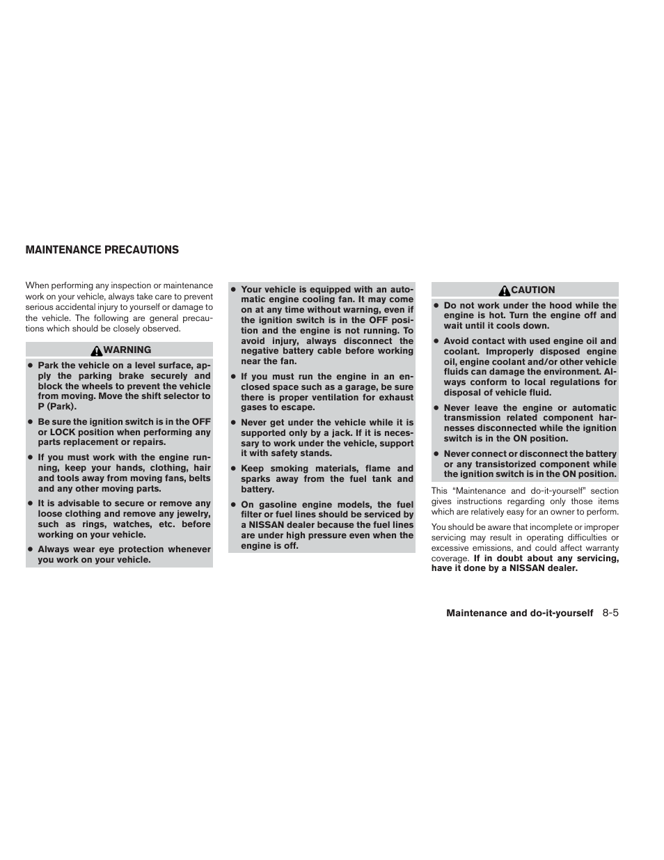 Maintenance precautions -5 | NISSAN 2012 Maxima User Manual | Page 378 / 452