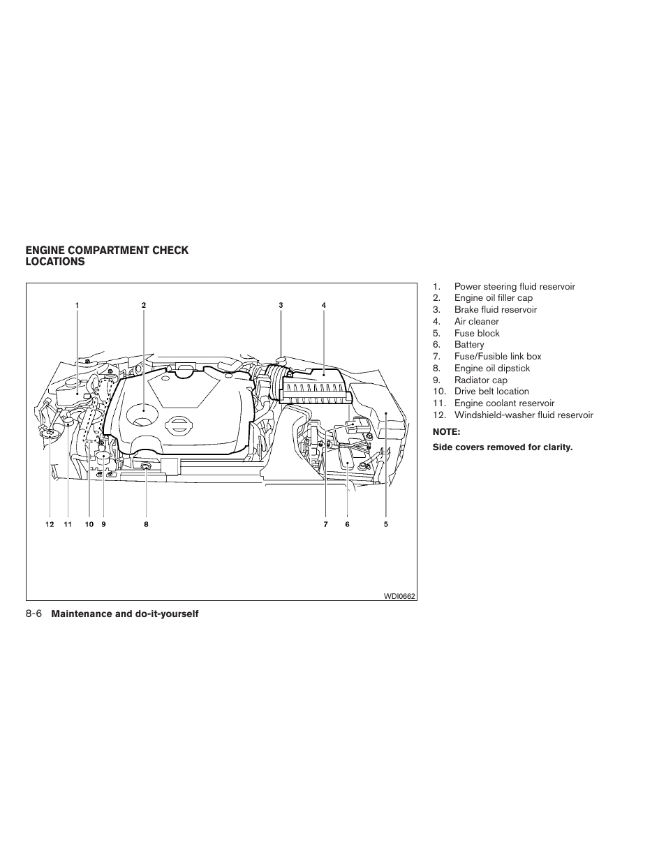 Engine compartment check locations -6 | NISSAN 2012 Maxima User Manual | Page 379 / 452