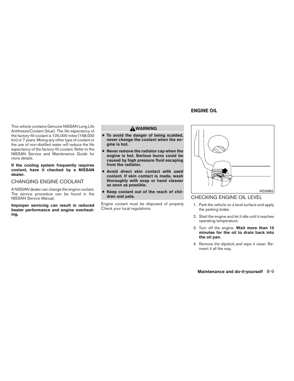 Changing engine coolant -9, Engine oil -9, Checking engine oil level -9 | NISSAN 2012 Maxima User Manual | Page 382 / 452