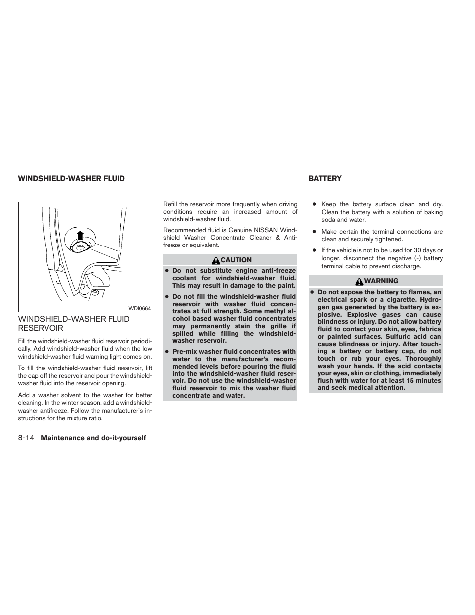 Windshield-washer fluid -14, Windshield-washer fluid reservoir -14, Battery -14 | NISSAN 2012 Maxima User Manual | Page 387 / 452