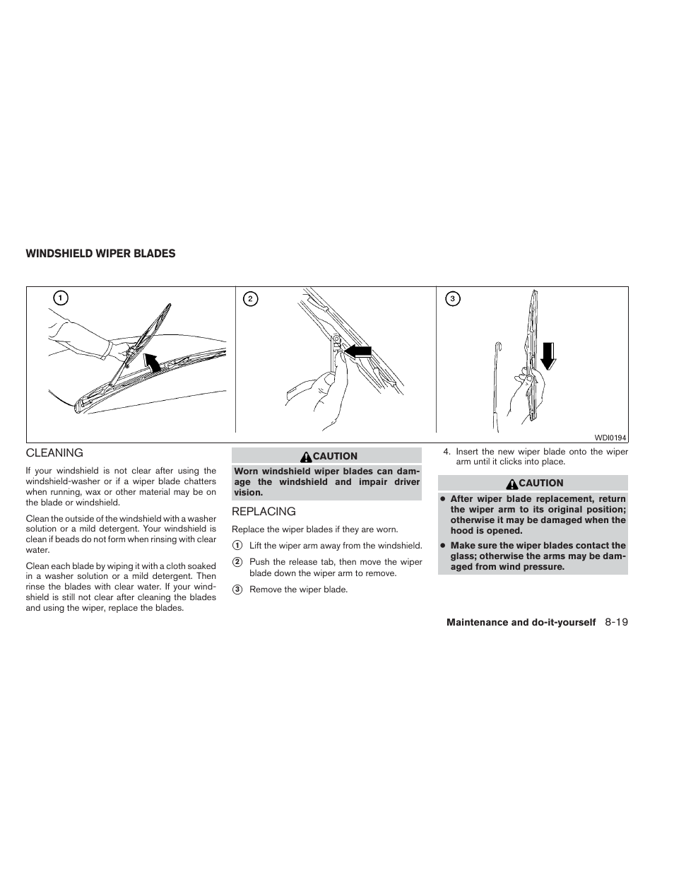 Windshield wiper blades -19, Cleaning -19 replacing -19 | NISSAN 2012 Maxima User Manual | Page 392 / 452