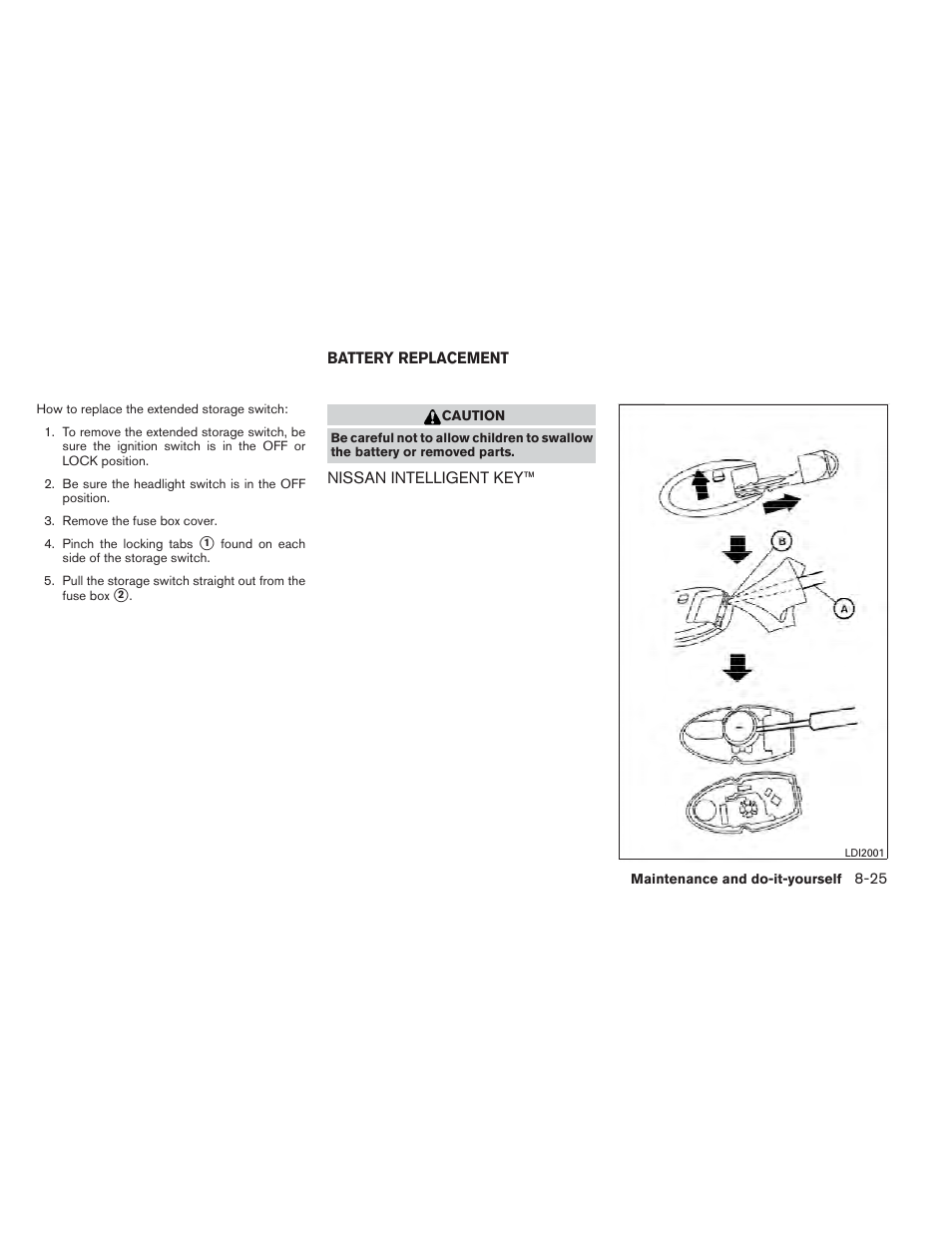 Battery replacement -25, Nissan intelligent key™ -25 | NISSAN 2012 Maxima User Manual | Page 398 / 452