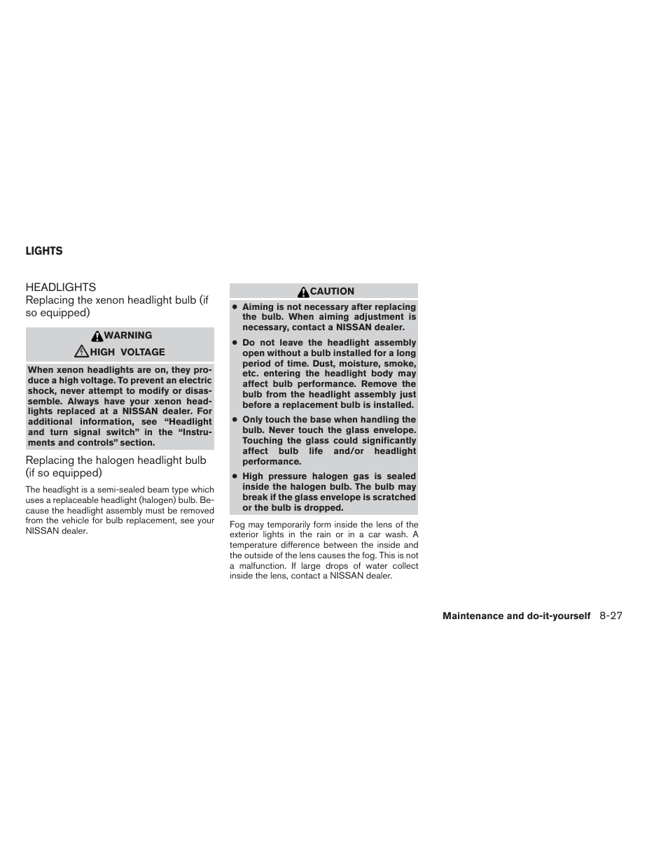 Lights -27, Headlights -27 | NISSAN 2012 Maxima User Manual | Page 400 / 452
