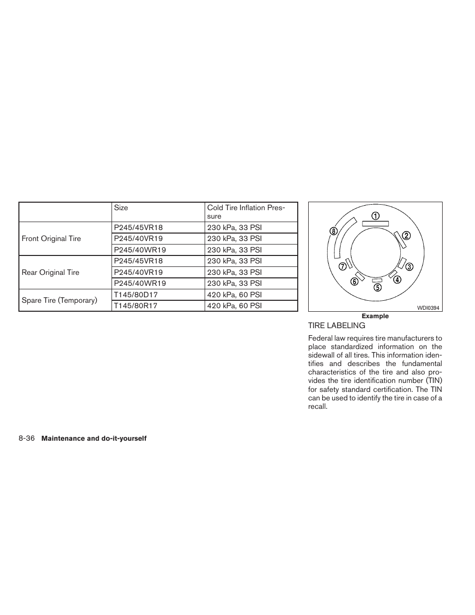 Tire labeling -36 | NISSAN 2012 Maxima User Manual | Page 409 / 452