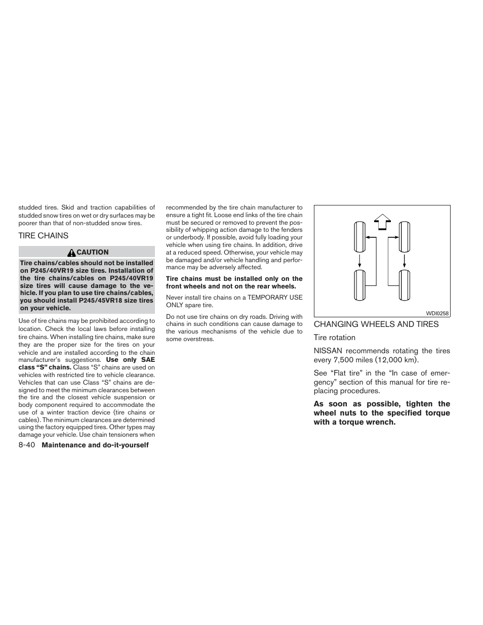 Tire chains -40 changing wheels and tires -40 | NISSAN 2012 Maxima User Manual | Page 413 / 452