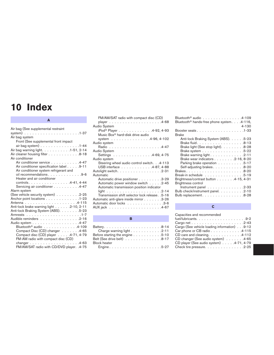 Index, 10 index | NISSAN 2012 Maxima User Manual | Page 444 / 452