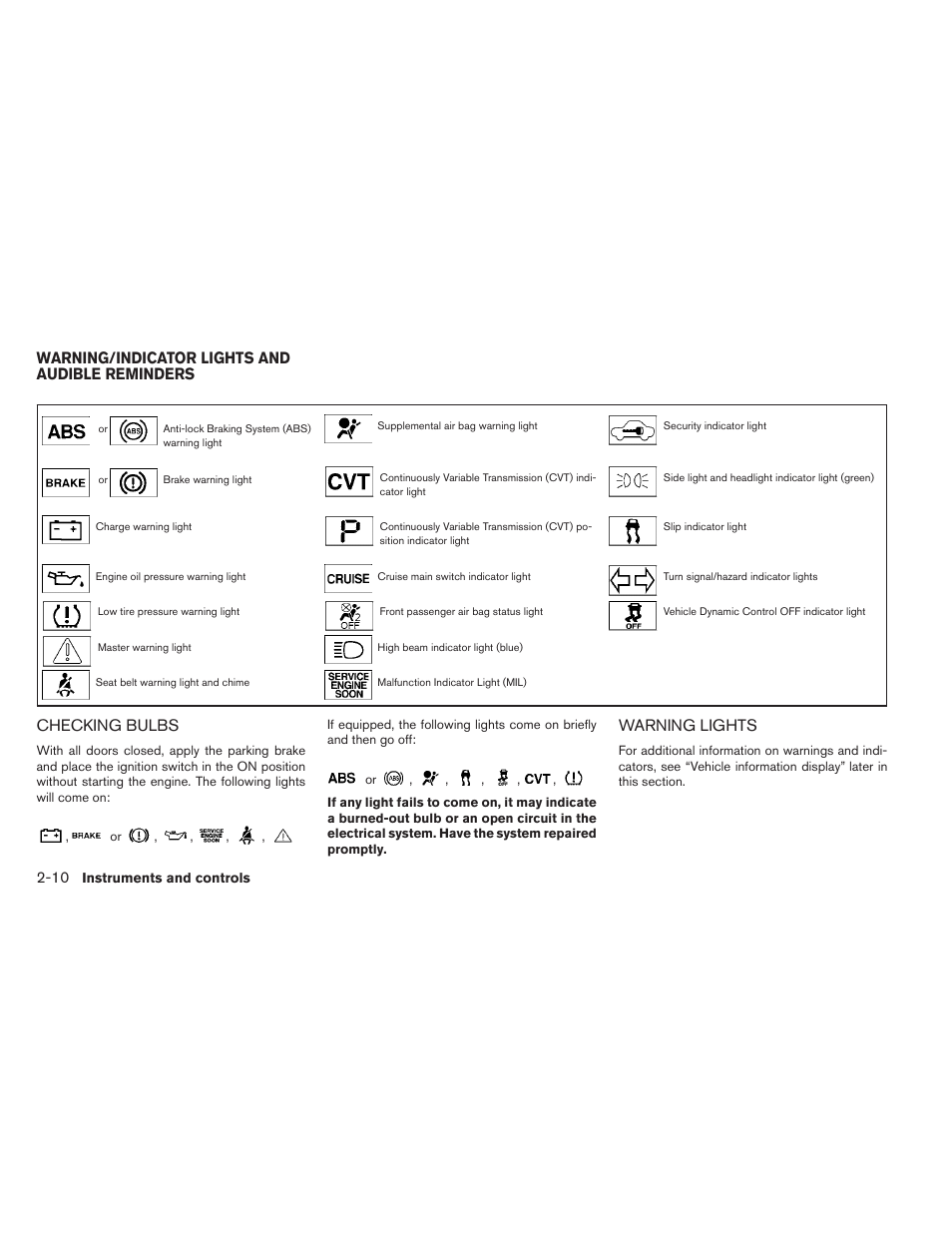 Warning/indicator lights and audible reminders -10, Checking bulbs -10 warning lights -10, Checking bulbs | Warning lights, Warning/indicator lights and audible reminders | NISSAN 2012 Maxima User Manual | Page 81 / 452