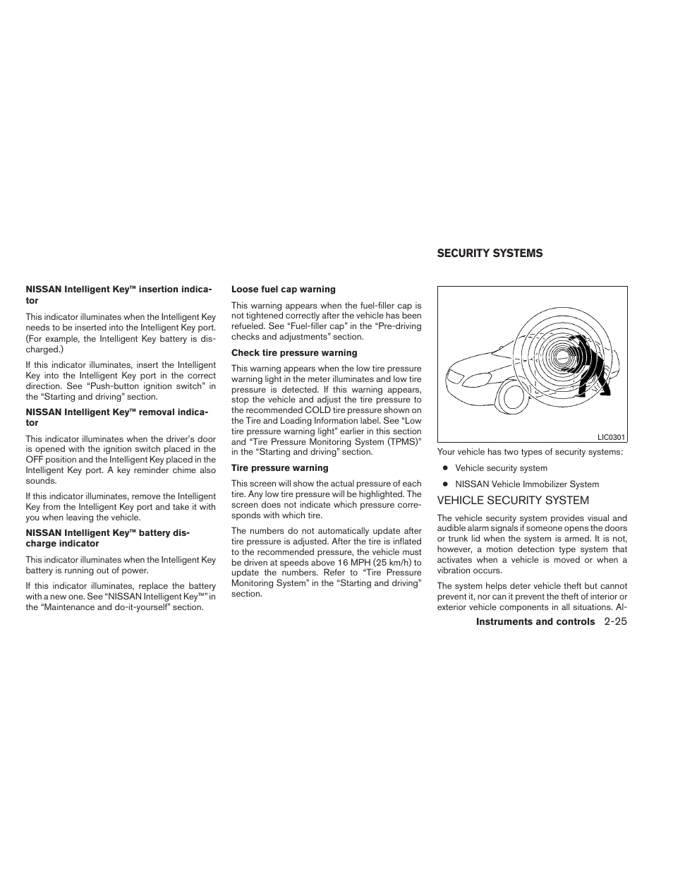 Security systems -25, Vehicle security system -25 | NISSAN 2012 Maxima User Manual | Page 96 / 452