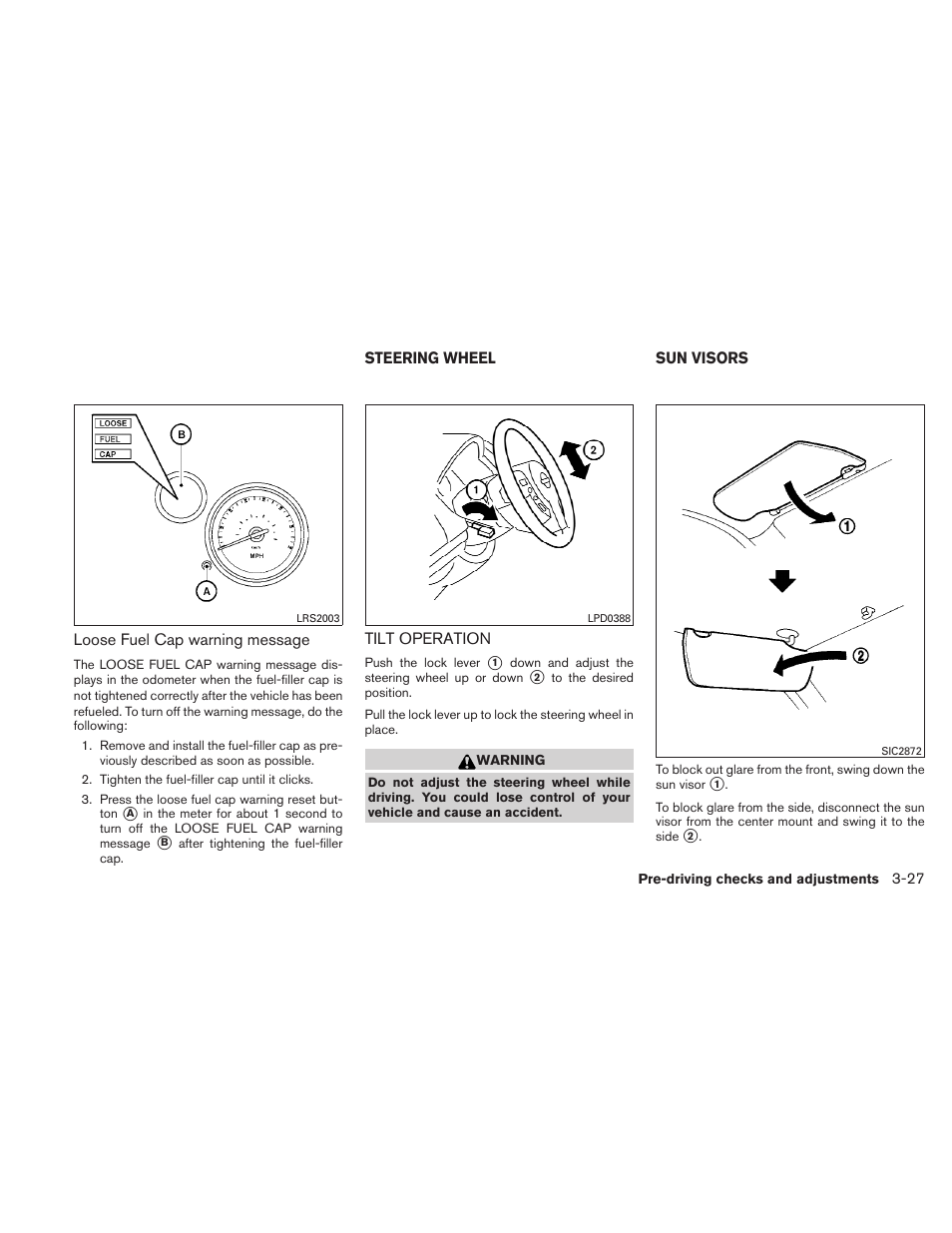 Steering wheel -27, Tilt operation -27, Sun visors -27 | NISSAN 2011 Sentra User Manual | Page 146 / 360