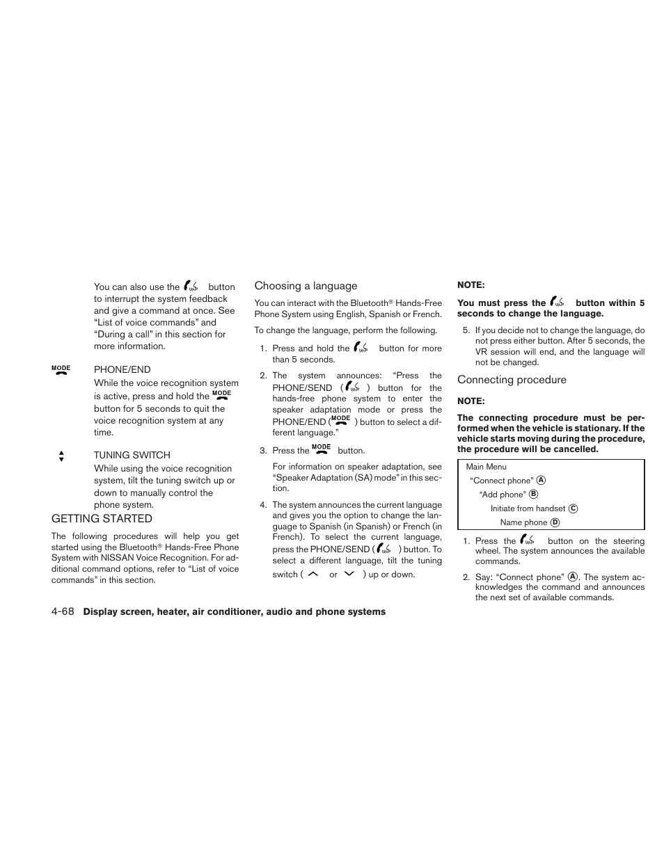 Getting started -68 | NISSAN 2011 Sentra User Manual | Page 217 / 360