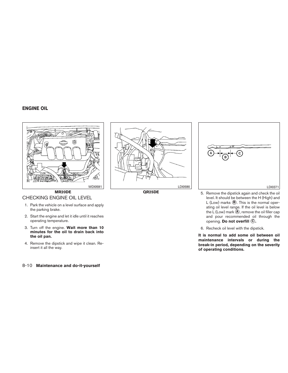 Engine oil -10, Checking engine oil level -10 | NISSAN 2011 Sentra User Manual | Page 291 / 360
