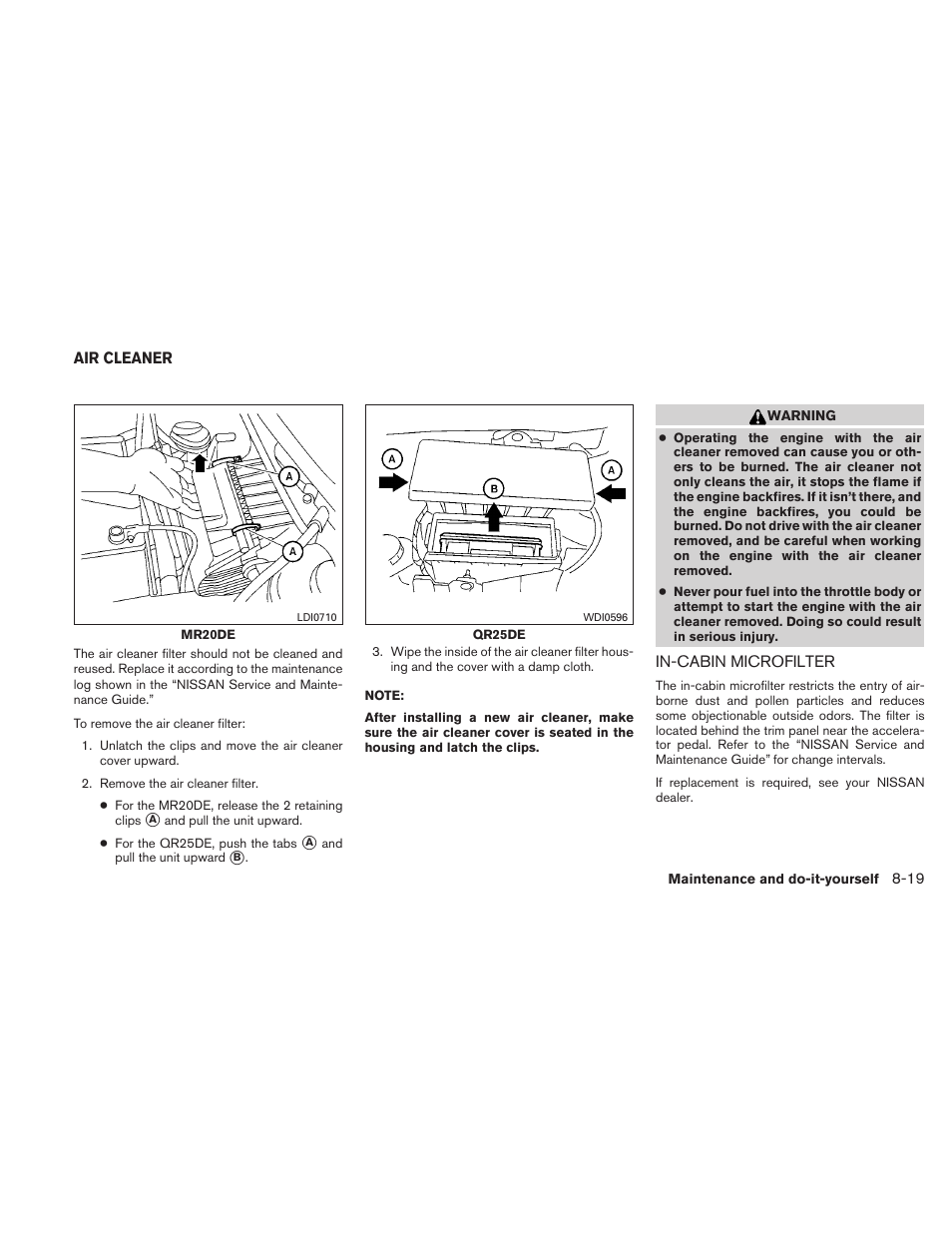 Air cleaner -19, In-cabin microfilter -19 | NISSAN 2011 Sentra User Manual | Page 300 / 360