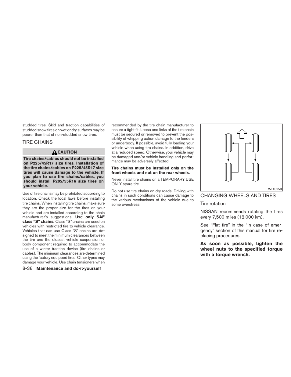 Tire chains -38 changing wheels and tires -38 | NISSAN 2011 Sentra User Manual | Page 319 / 360