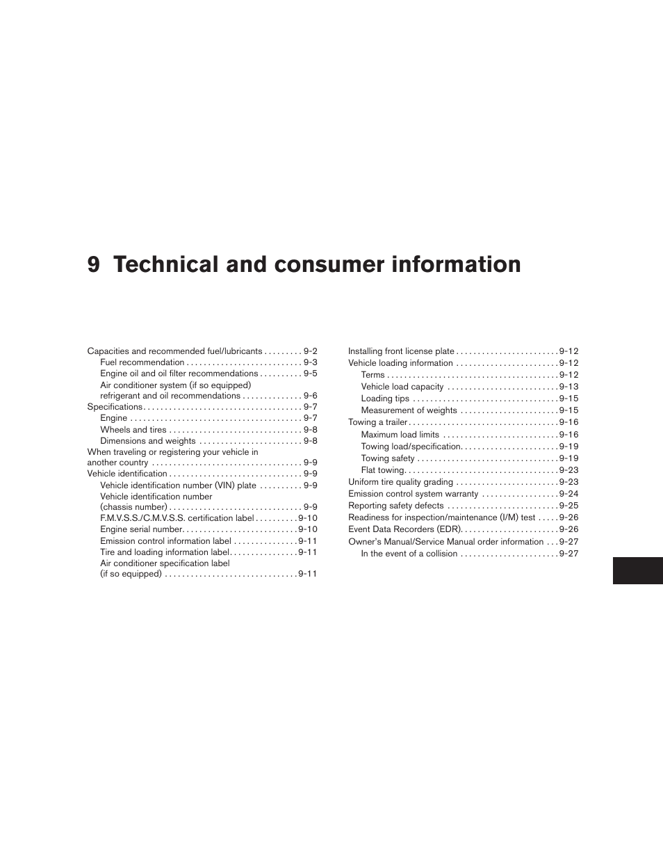 Technical and consumer information, 9 technical and consumer information | NISSAN 2011 Sentra User Manual | Page 324 / 360