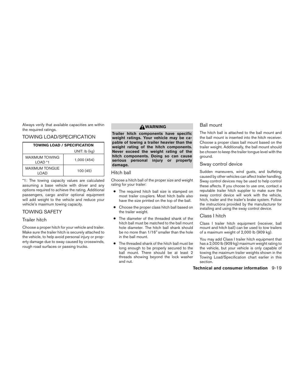 Towing load/specification -19 towing safety -19 | NISSAN 2011 Sentra User Manual | Page 342 / 360