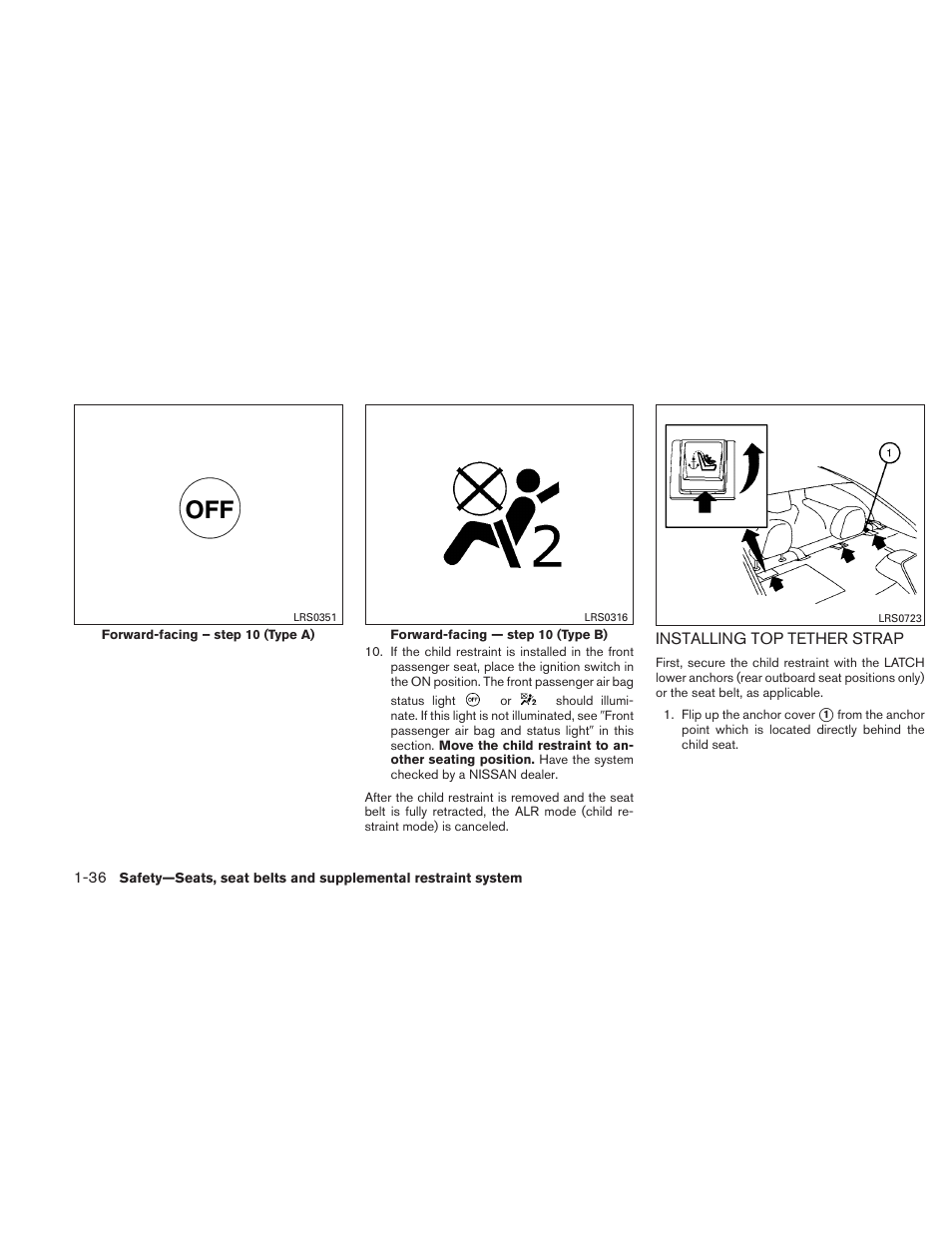 Installing top tether strap -36 | NISSAN 2011 Sentra User Manual | Page 55 / 360