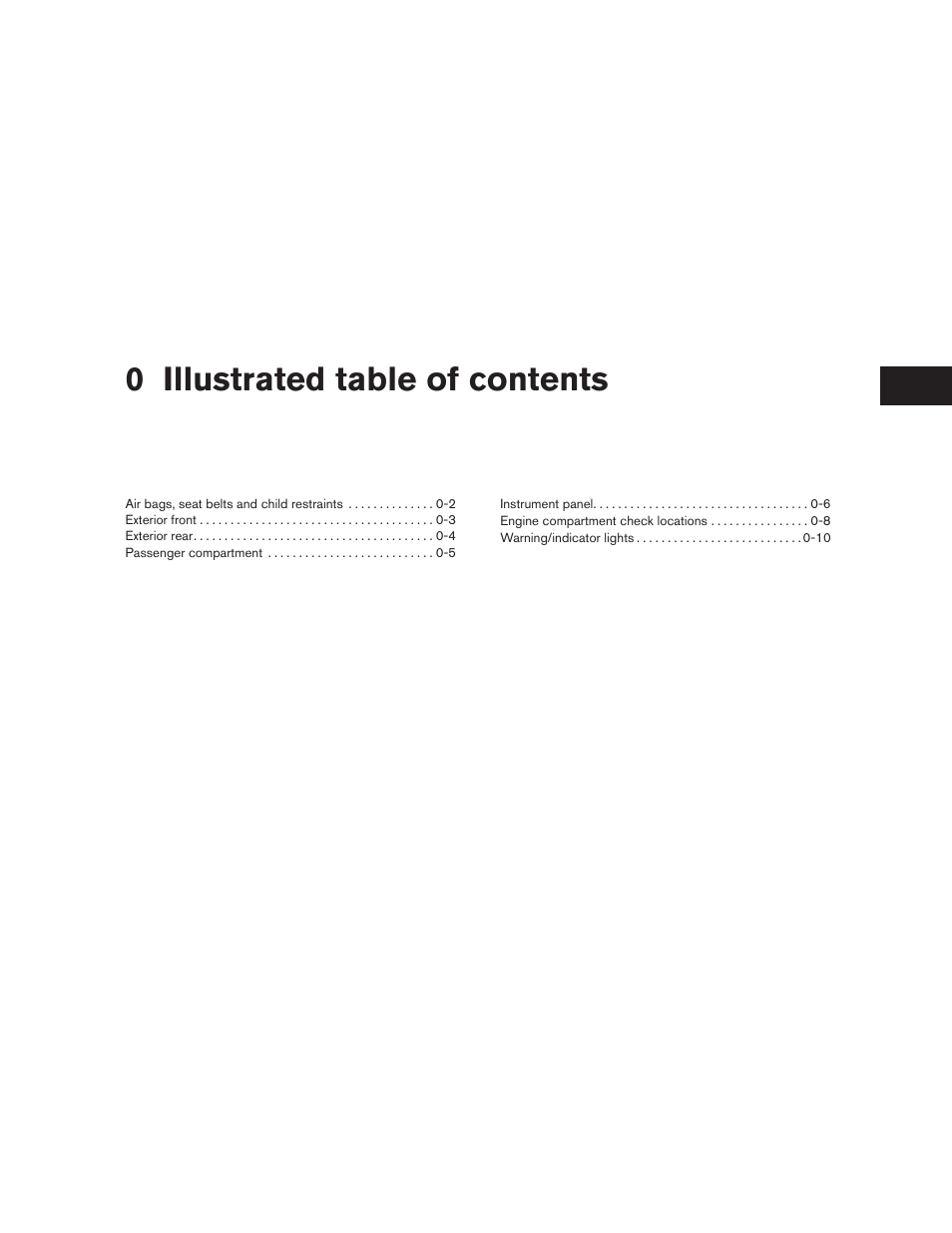 Illustrated table of contents, 0 illustrated table of contents | NISSAN 2011 Sentra User Manual | Page 8 / 360