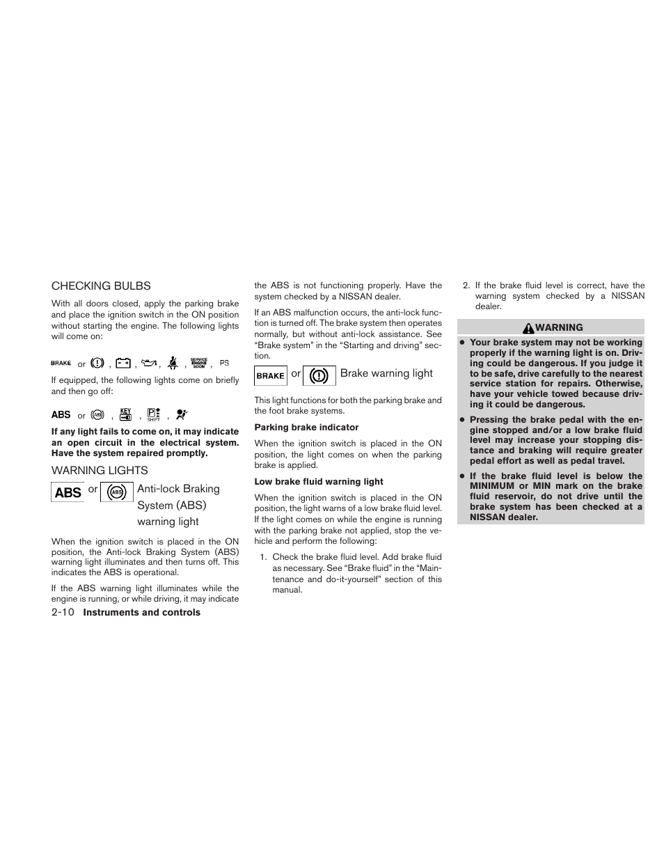 Checking bulbs -10 warning lights -10 | NISSAN 2011 Sentra User Manual | Page 87 / 360