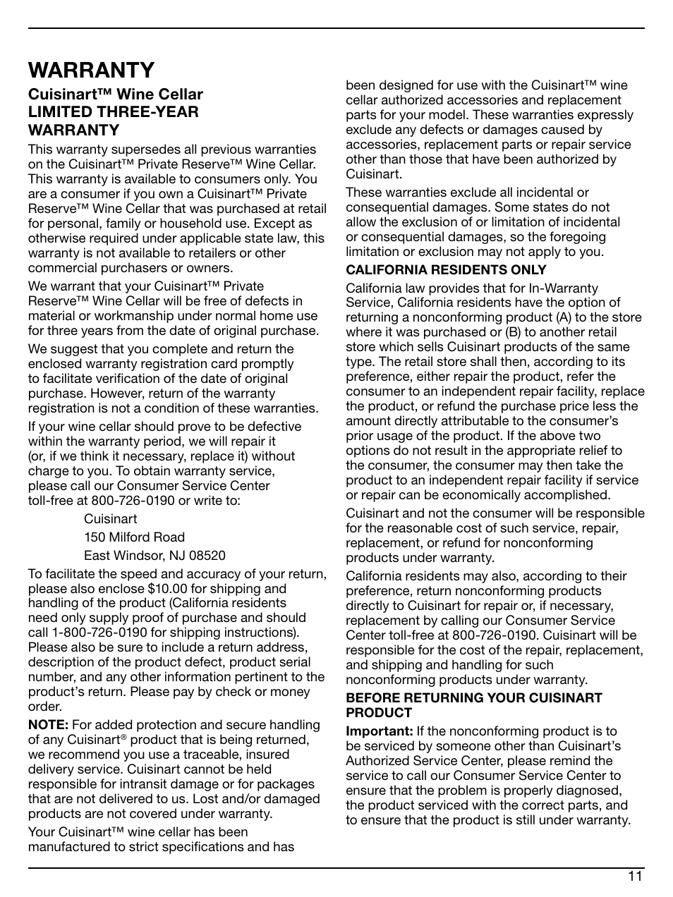 Warranty, Cuisinart™ wine cellar limited three-year warranty | Cuisinart CWC-600 User Manual | Page 11 / 13