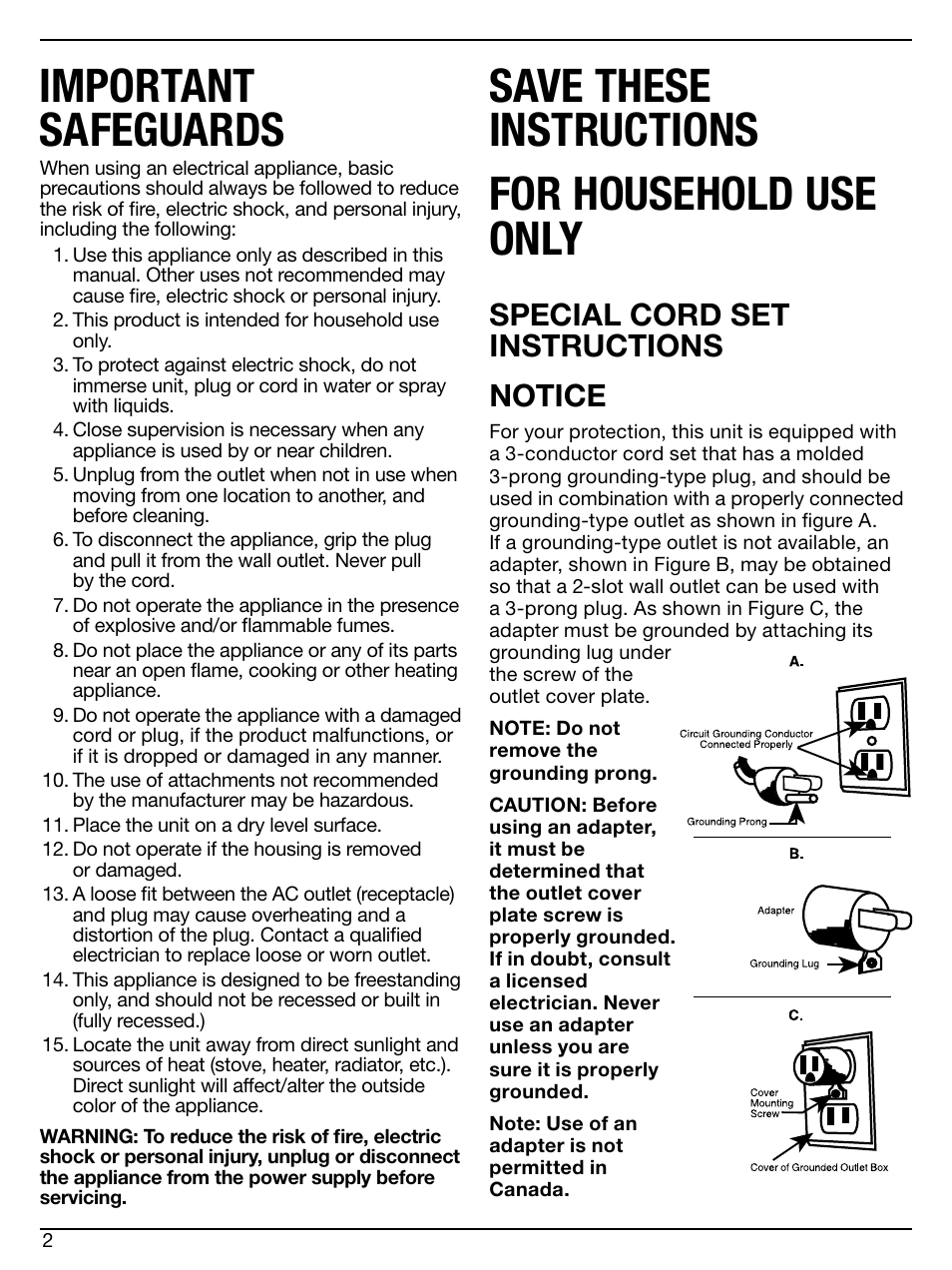 Important safeguards, Save these instructions for household use only, Special cord set instructions notice | Cuisinart CWC-600 User Manual | Page 2 / 13