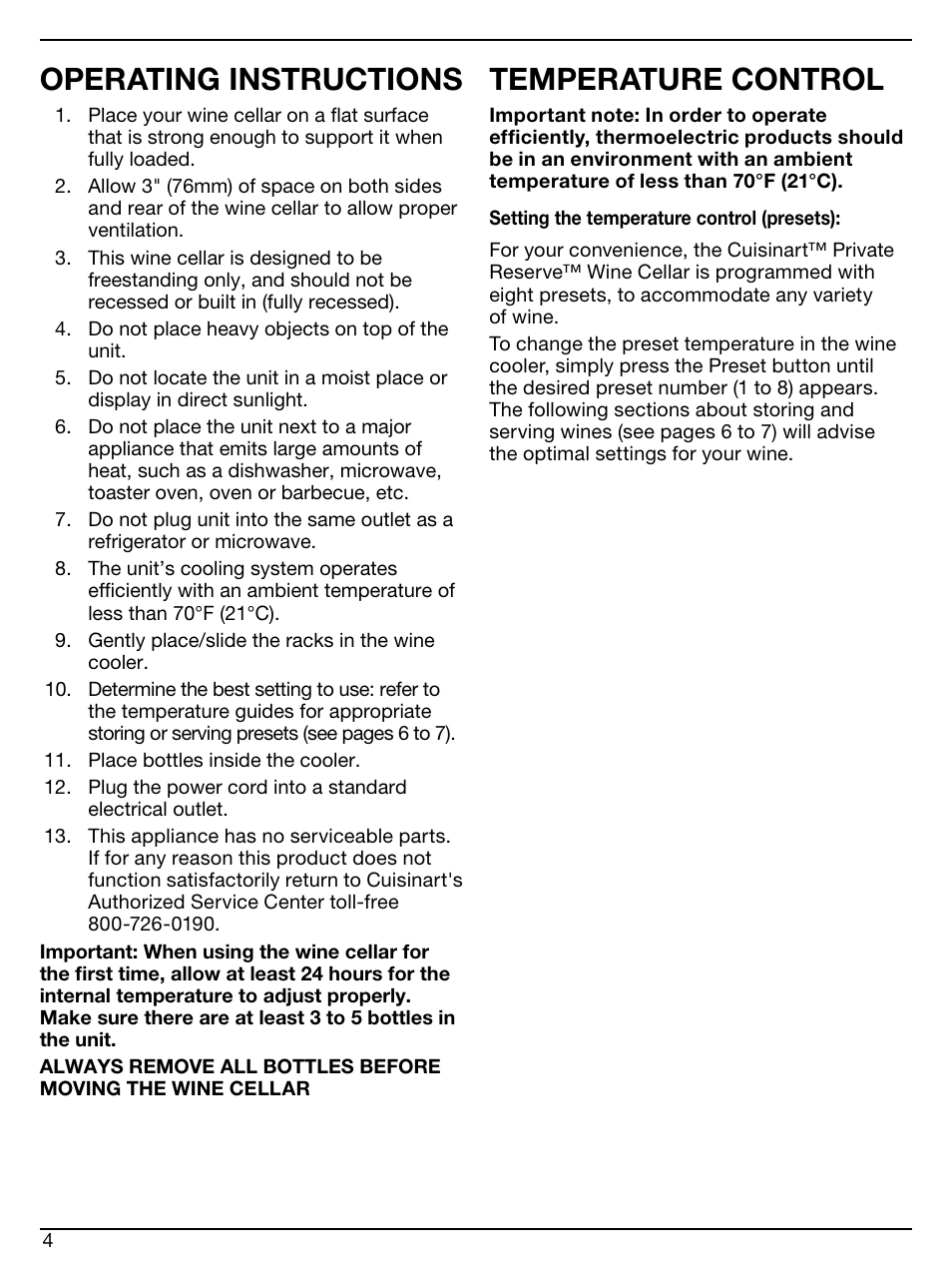 Operating instructions, Temperature control | Cuisinart CWC-600 User Manual | Page 4 / 13