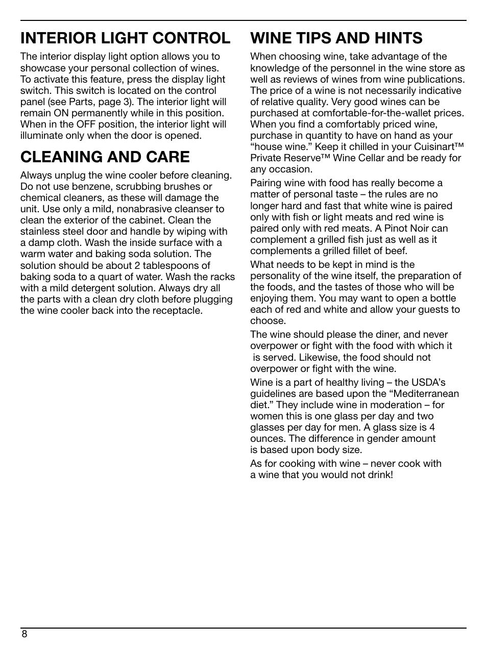 Interior light control, Cleaning and care, Wine tips and hints | Cuisinart CWC-600 User Manual | Page 8 / 13
