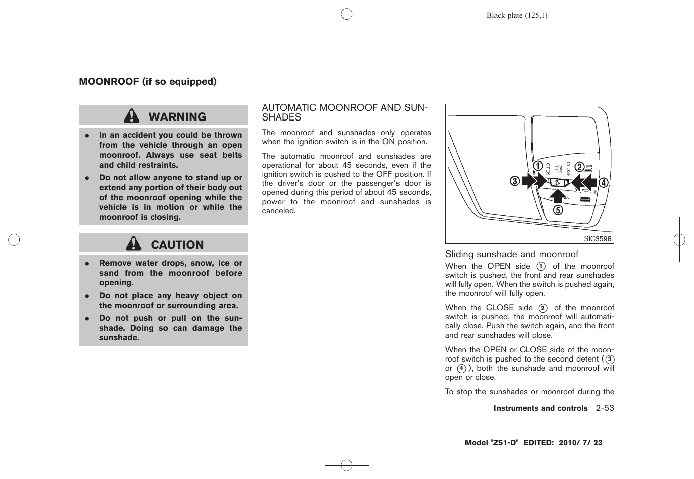 Moonroof (if so equipped) -53, Automatic moonroof and sunshades -53, Warning | Caution | NISSAN 2011 Murano User Manual | Page 127 / 433