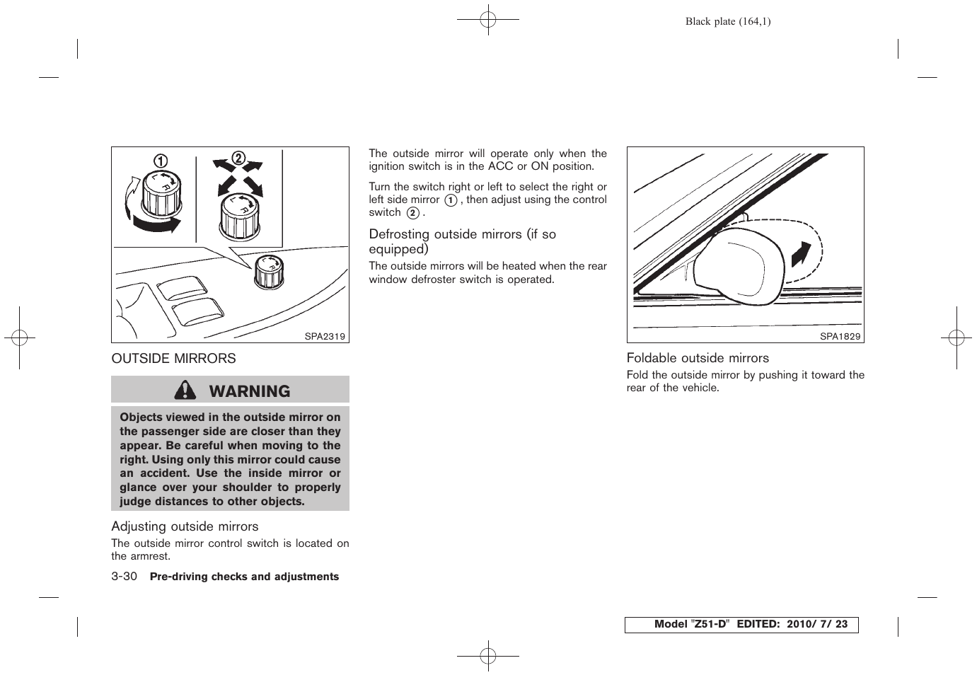 Outside mirrors -30, Warning | NISSAN 2011 Murano User Manual | Page 166 / 433