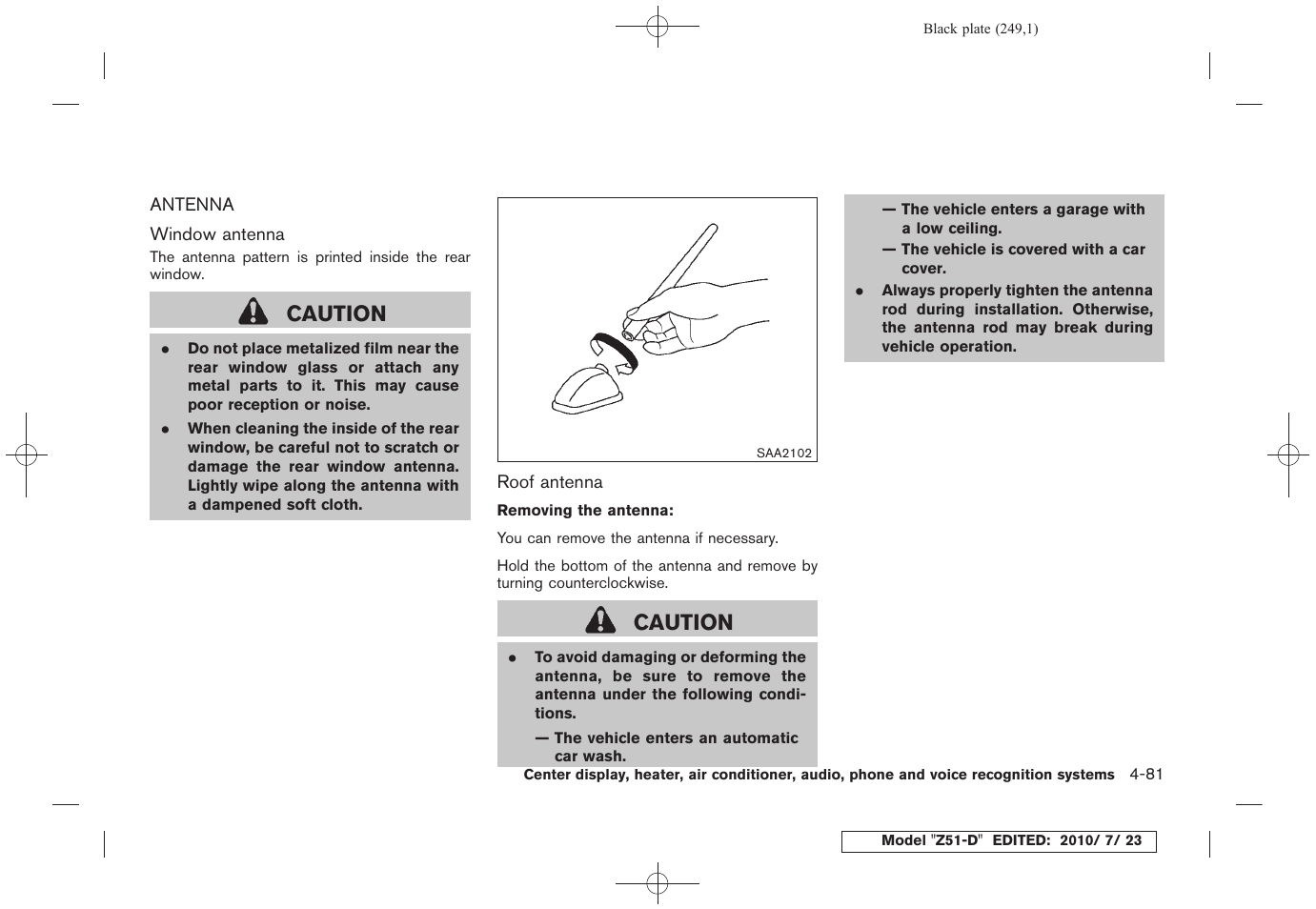 Antenna -81, Caution | NISSAN 2011 Murano User Manual | Page 251 / 433