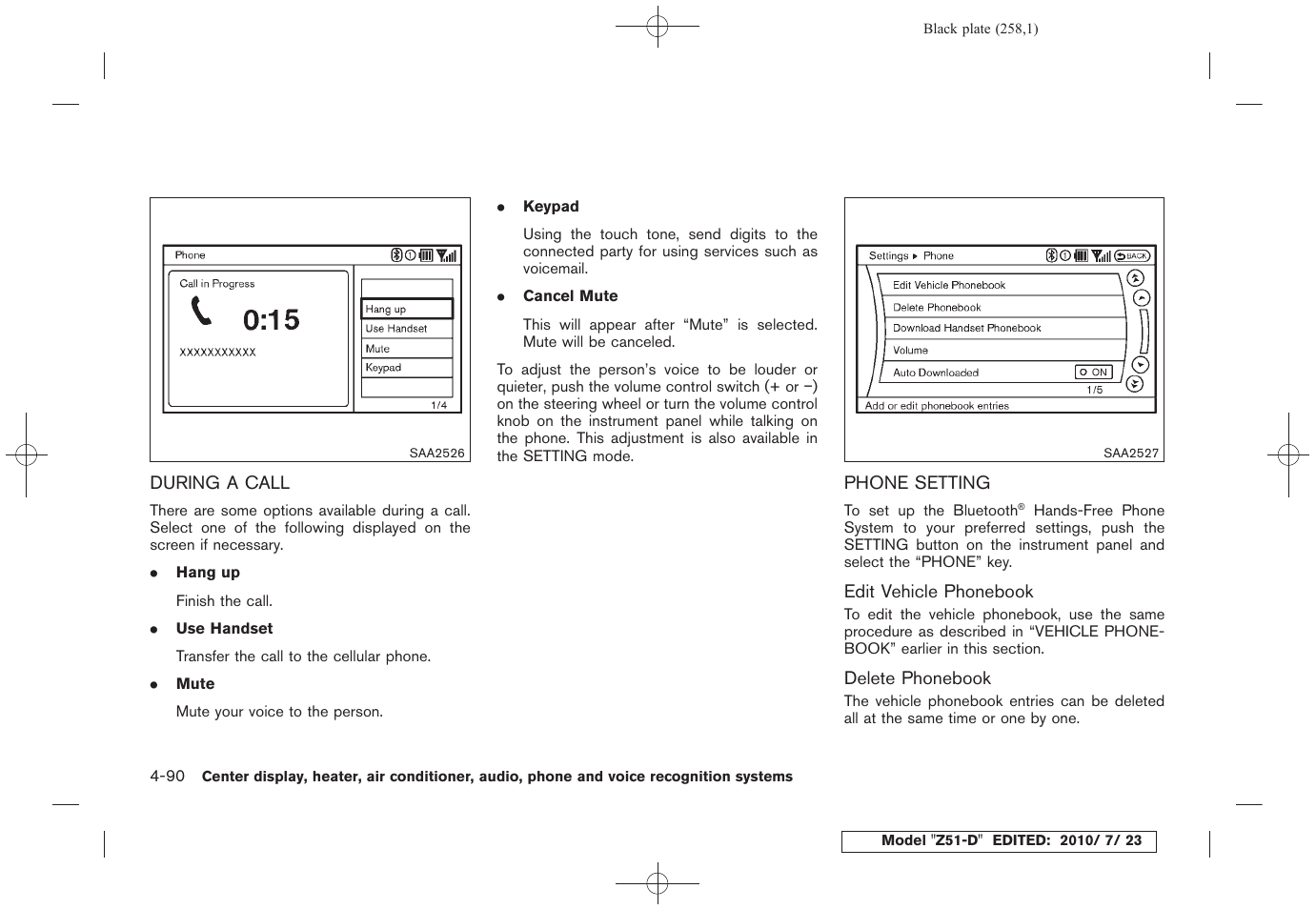 During a call -90 phone setting -90 | NISSAN 2011 Murano User Manual | Page 260 / 433