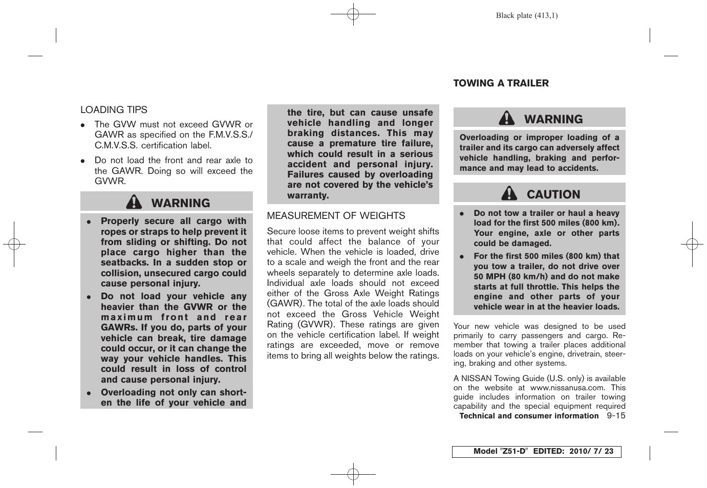 Loading tips -15 measurement of weights -15, Towing a trailer -15, Warning | Caution | NISSAN 2011 Murano User Manual | Page 411 / 433