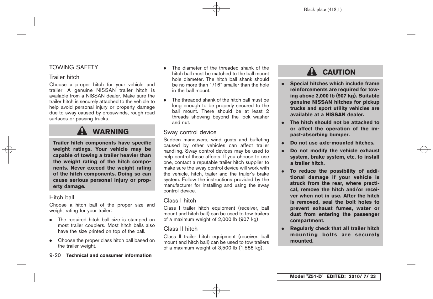 Towing safety -20, Warning, Caution | NISSAN 2011 Murano User Manual | Page 416 / 433