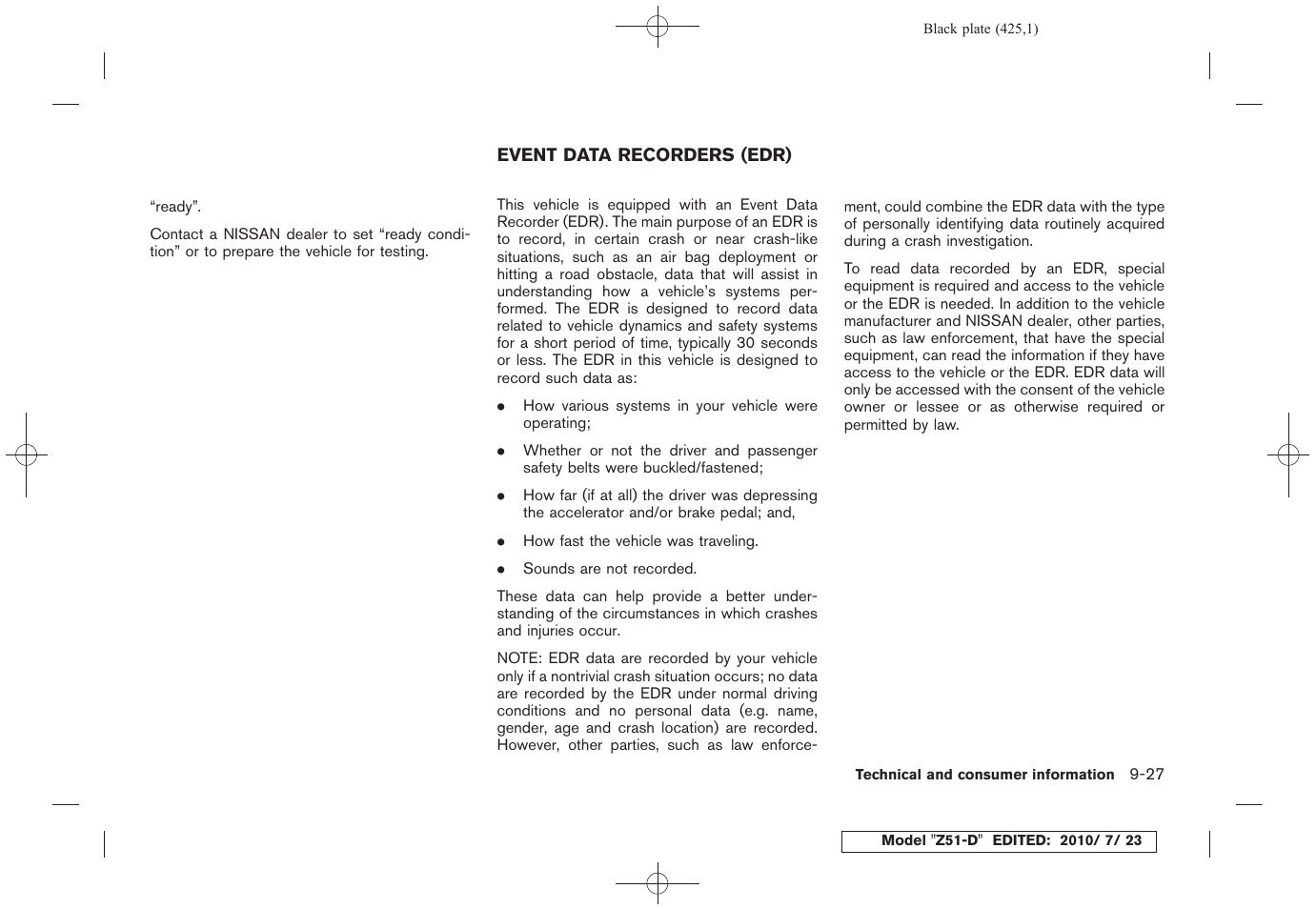 Event data recorders (edr) -27 | NISSAN 2011 Murano User Manual | Page 423 / 433