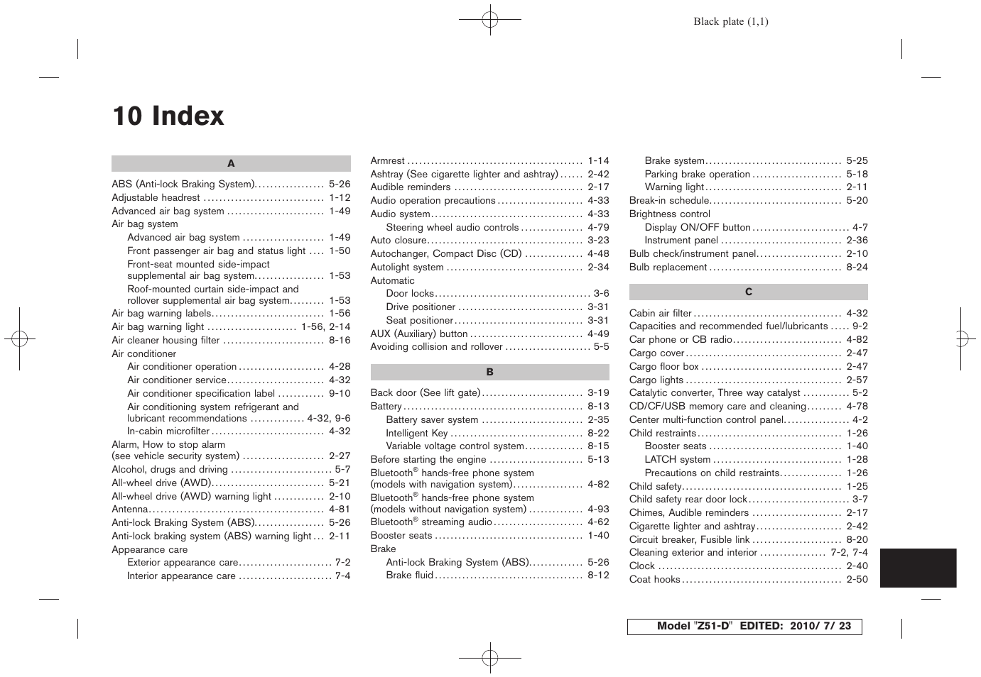 Index, 10 index | NISSAN 2011 Murano User Manual | Page 425 / 433