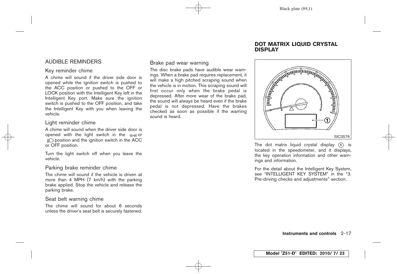 Audible reminders -17, Dot matrix liquid crystal display -17 | NISSAN 2011 Murano User Manual | Page 91 / 433