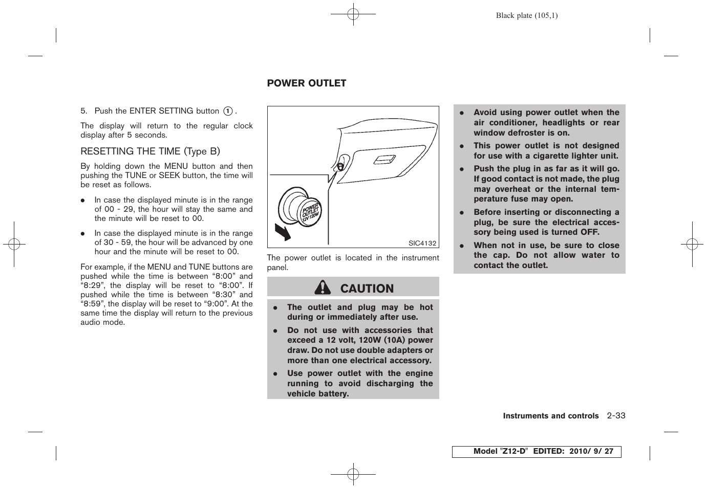 Resetting the time (type b) -33, Power outlet -33, Caution | NISSAN 2011 Cube User Manual | Page 107 / 345
