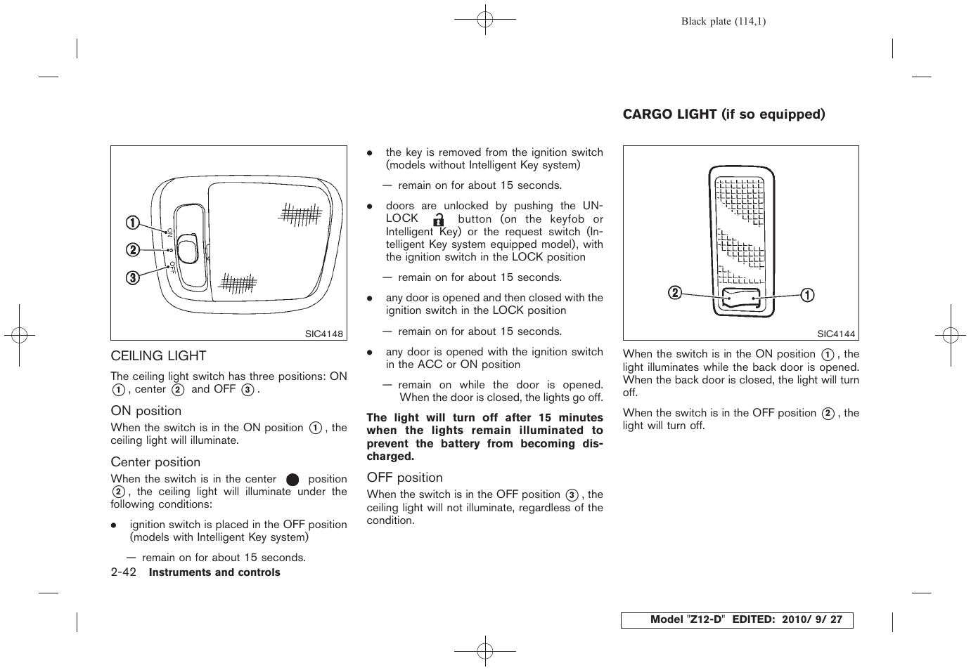 Ceiling light -42, Cargo light (if so equipped) -42 | NISSAN 2011 Cube User Manual | Page 116 / 345