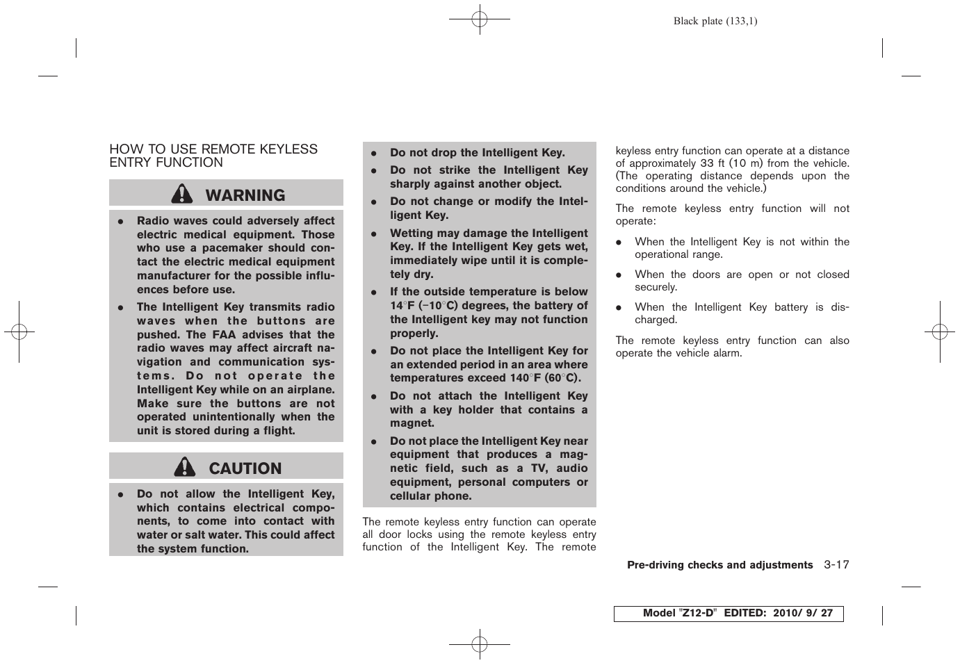 How to use remote keyless entry function -17, Warning, Caution | NISSAN 2011 Cube User Manual | Page 135 / 345