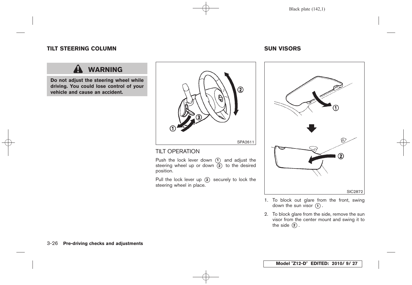 Tilt steering column -26, Tilt operation -26, Sun visors -26 | Warning | NISSAN 2011 Cube User Manual | Page 144 / 345