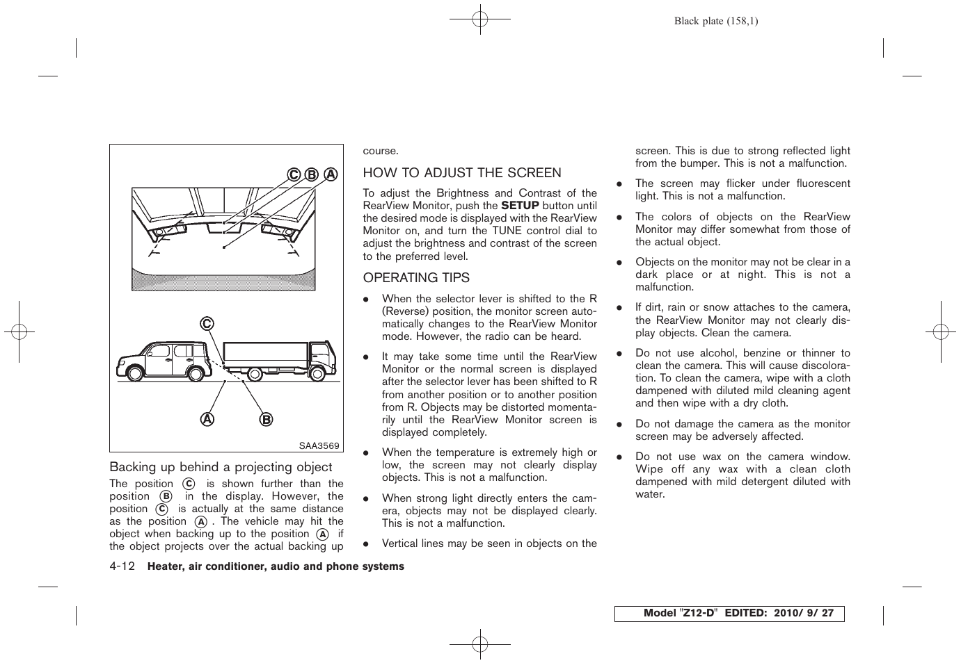 How to adjust the screen -12 operating tips -12 | NISSAN 2011 Cube User Manual | Page 160 / 345