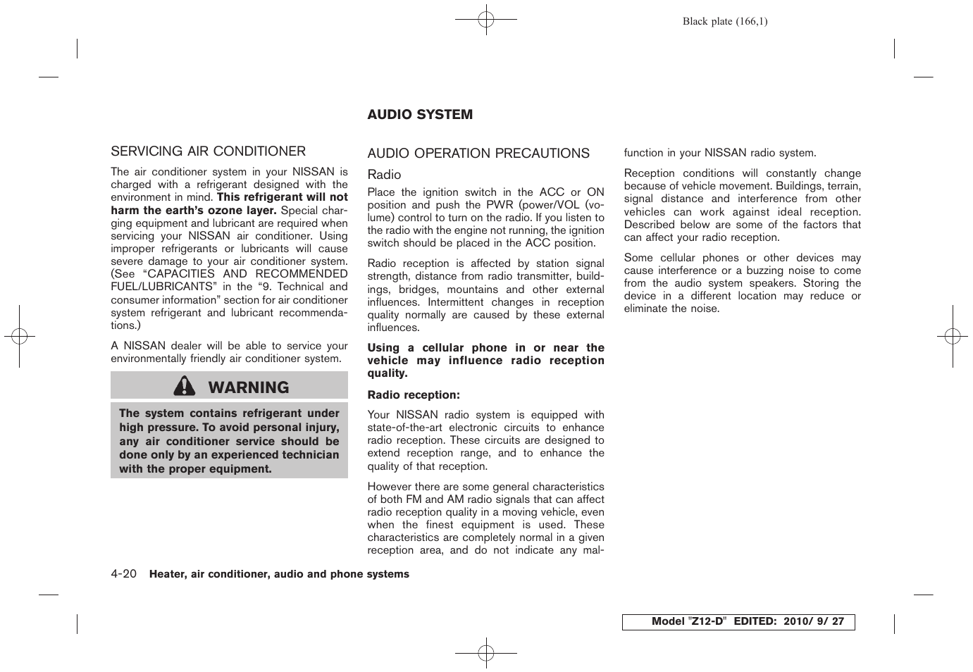 Servicing air conditioner -20, Audio system -20, Audio operation precautions -20 | Warning | NISSAN 2011 Cube User Manual | Page 168 / 345